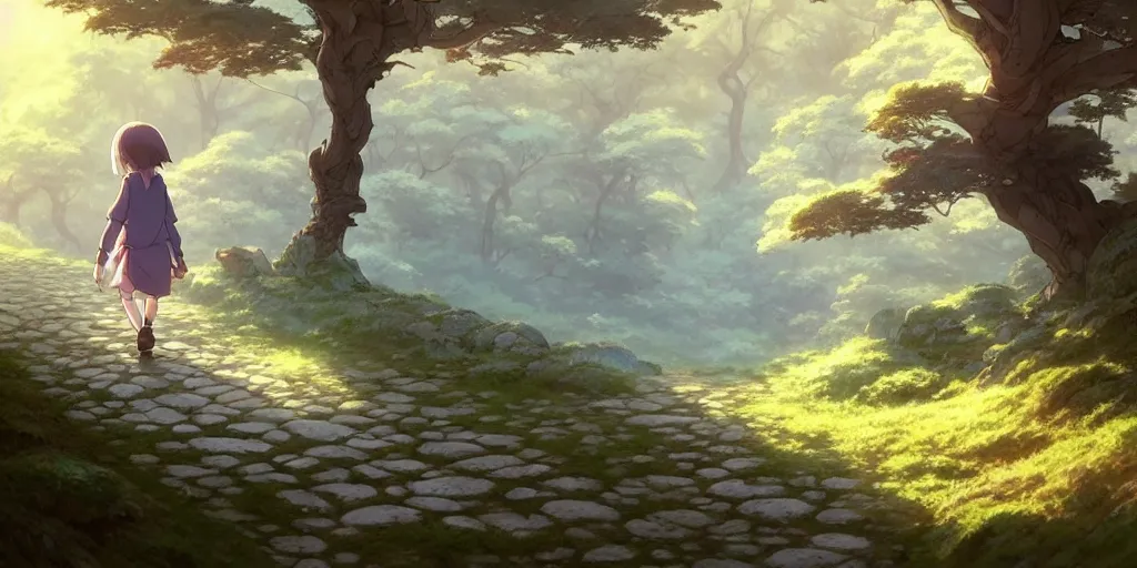 Image similar to small girl walking down a gobble stone path, hills, forest. anime, fantasy, smooth. early morning, digital painting, by hayao miyazaki and rossdraws and artgerm and detmold and greg rutkowski and alphonse mucha. artstation. beautiful, high quality, stunning, intricate detailed environment. 8 k