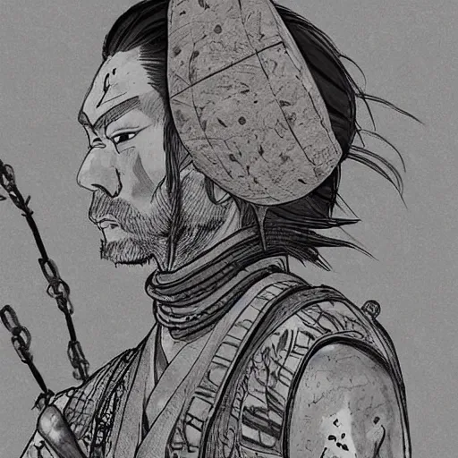 Image similar to a portrait from behind of a samurai man vagabond with a moon behind him, the samurai is wrapped in chains, detailed, concept art, ink style, sketch