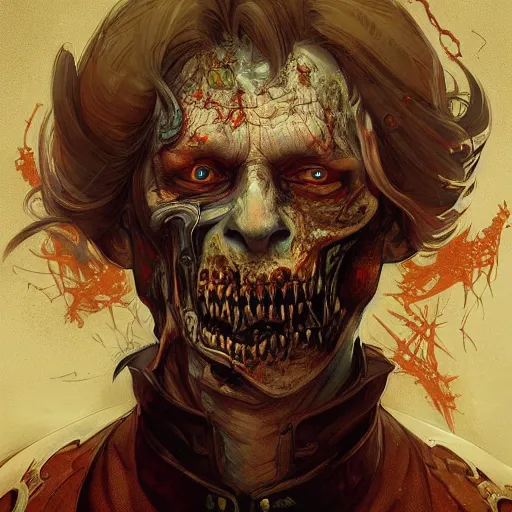 Image similar to zombie Putin in Kremlin, fantasy, intricate, highly detailed, digital painting, artstation, concept art, smooth, sharp focus, illustration, art by artgerm and greg rutkowski and alphonse mucha