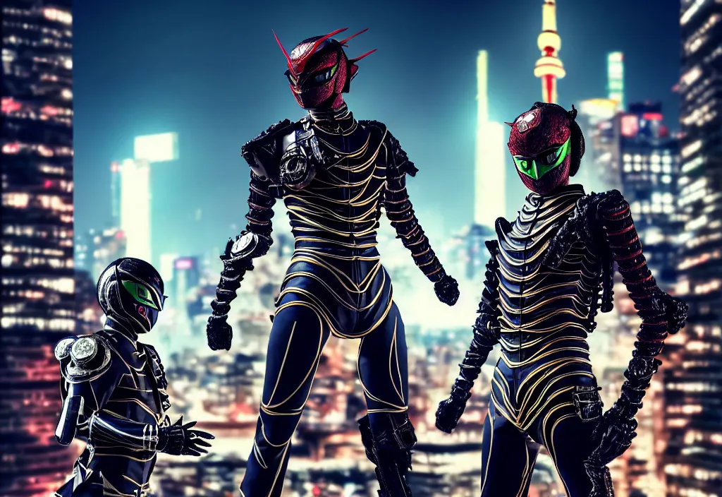 Image similar to large belted kamen rider dynamic pose, human structure concept art, human anatomy, full body hero, intricate detail, hyperrealistic art and illustration by a. k. a limha lekan a. k. a maxx soul and alexandre ferra, global illumination, blurry and sharp focus, on future tokyo night rooftop, frostbite engine