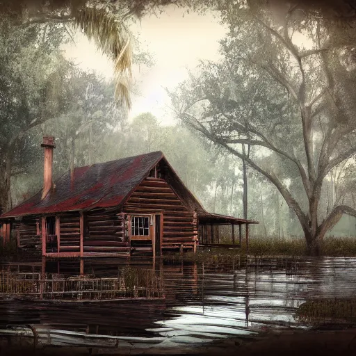 Image similar to digital concept art of old wooden cabin in florida swamp, trending on artstation