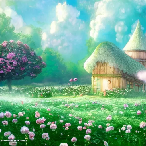 Prompt: a beautiful picture depicts a pale green fairy tale world, a strawberry cottage, white smoke and fairyland. lighting efects, cotton - like white clouds around the house, floating mist and gauze around the house, surrounded by roses, miyazaki hayao animation style, pastoral style, very detailed