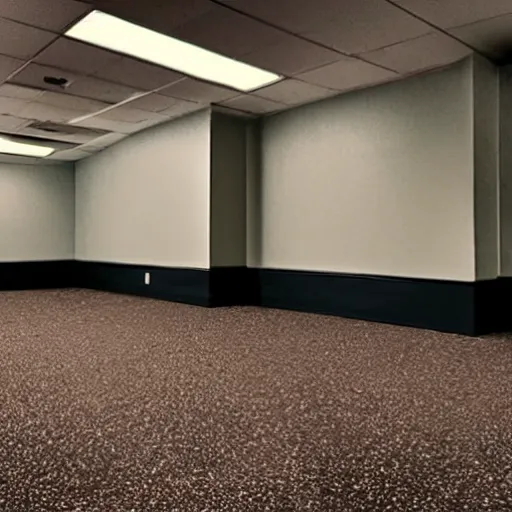 Image similar to a poorly developed photograph of a musty and moldy backroom dimly lit with volumetric lighting. moldy carpet dominates the floor while mysterious black finger paintings cover the walls