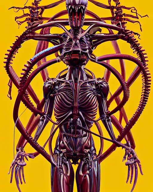 Image similar to full profile of evangelion xenomorph as vitruvian man by james jean and moebius, biomechanical, ultra wide angle, full body, no crop, golden ratio, ultra details, in the style of shusei nagaoka