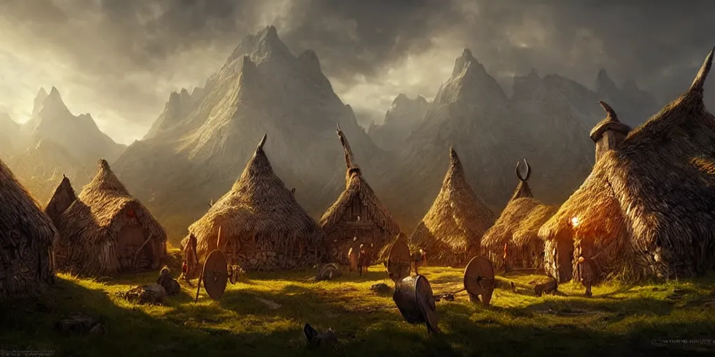 beautiful viking village, daytime digital art