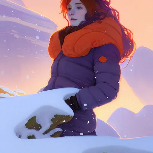 Image similar to portrait of madeline from celeste climbing a snowy mountain, light blue bubble jacket, orange long hair, highly detailed, digital painting, artstation, concept art, sharp focus, illustration, art by greg rutkowski and alphonse mucha