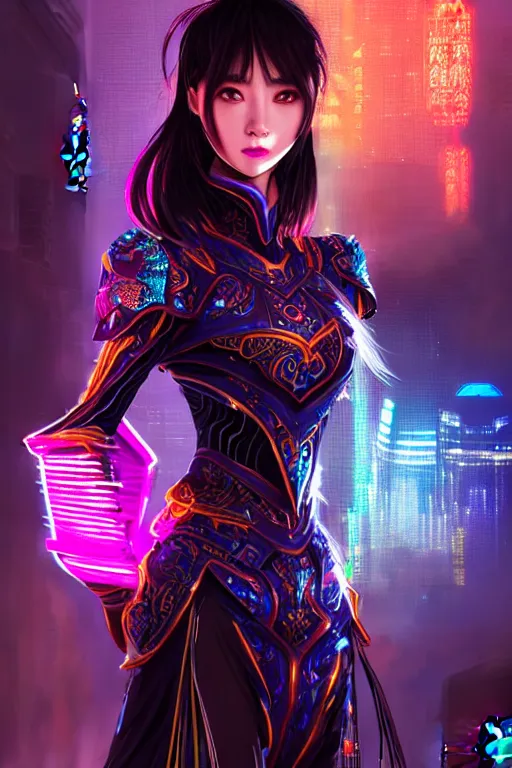 Image similar to portrait futuristic wuxia armor heroine Girl with thunder and fire sparkles and starlight, sword dance in future cyberpunk beijing night rooftop , ssci-fi, fantasy, intricate, very very beautiful, elegant, human structure, neon light, highly detailed, digital painting, artstation, concept art, smooth, sharp focus, illustration, art by tian zi and WLOP and alphonse mucha