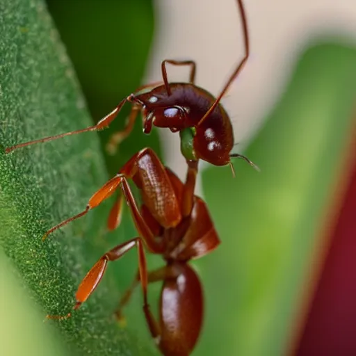 Image similar to a super realistic studio quality photo of an ant eating an apple, true to life, soft lighting