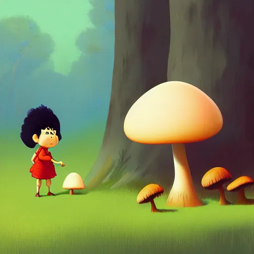 Prompt: goro fujita ilustration mafalda collecting mushrooms in the forest, painting by goro fujita, sharp focus, highly detailed, artstation