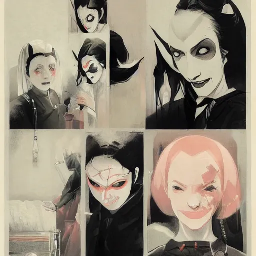 Image similar to scary female vampire nurse, symmetrical face, evil grin, nurse outfit, portrait size, cinematic, dramatic, super detailed and intricate, by koson ohara, by darwyn cooke, by greg rutkowski, by satoshi kon