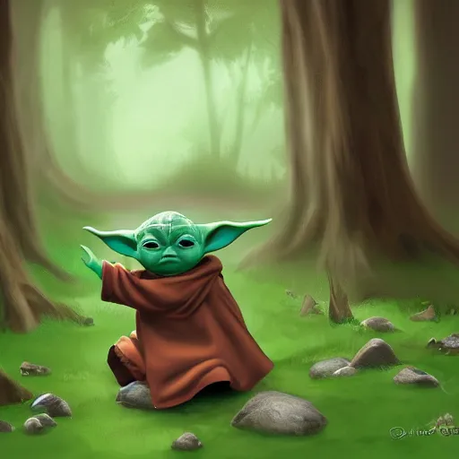 Image similar to baby yoda follows a trail on the ground of Reese's Pieces back to the forest, digital art, UE5.