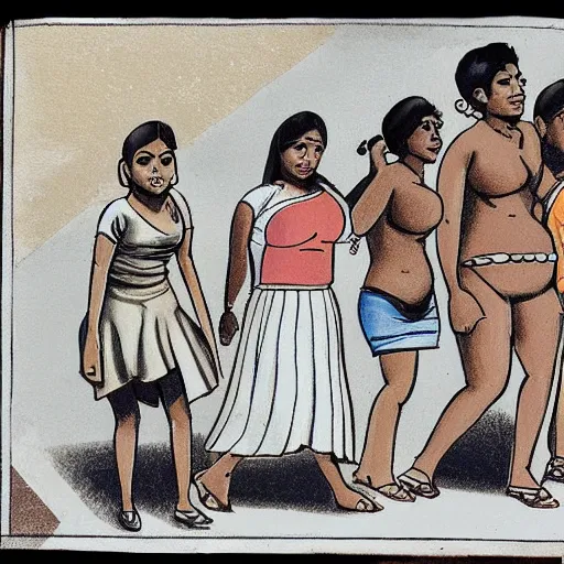 Image similar to cartoon of a short brown indian man migit walking with a young asian woman, a thick white blonde teenage girl, and a thick juicy spanish teenage girl, and a black bodacious babe in a small town in india all wearing clothes