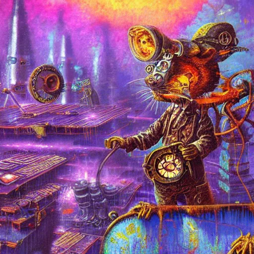 Image similar to steampunk rat, acid, 303, psychedelic, by paul lehr