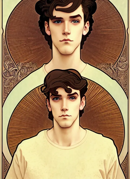 Image similar to art nouveau portrait of a young man with curly light brown hair, brown eyes, serious facial expression, gloomy mood, t - shirt, natural lighting, path traced, highly detailed, high quality, cartoon, digital painting, by don bluth and ross tran and studio ghibli and alphonse mucha