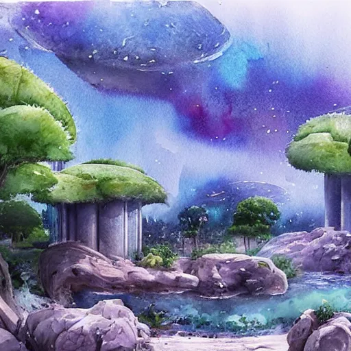 Image similar to beautiful happy picturesque charming sci - fi organic pod - like homes of the future in a beautiful natural scene. water, trees and rocks. beautiful light. soft colour scheme. beautiful artistic detailed watercolor by lurid. ( 2 0 2 2 )