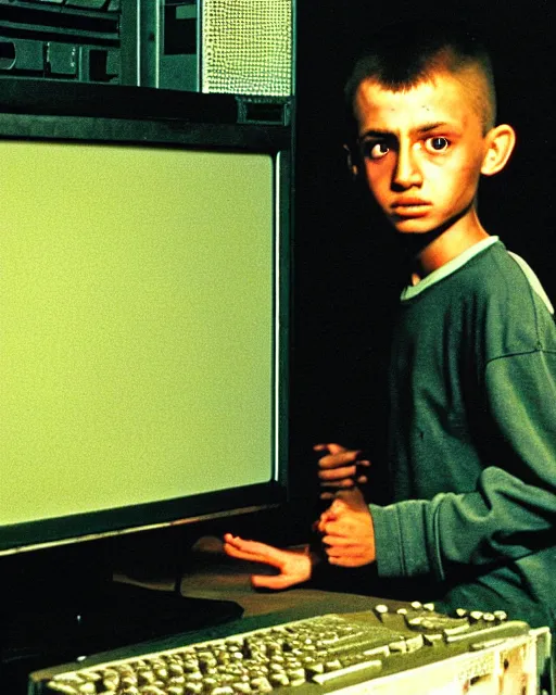 Prompt: 8k professional photo of an 8 years old enlightened and scared boy standing in front of an old computer from 90s with a game doom2 at the monitor screen. painting by Adrian Ghenie and Willem de Kooning and Cy Twombly, still from a movie by Gaspar Noe and James Cameron