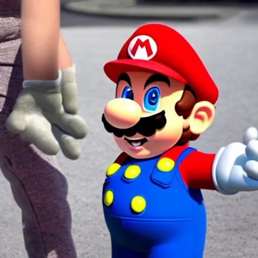 Image similar to super mario mascot looking at a kid and causing a little kid to cry and scream