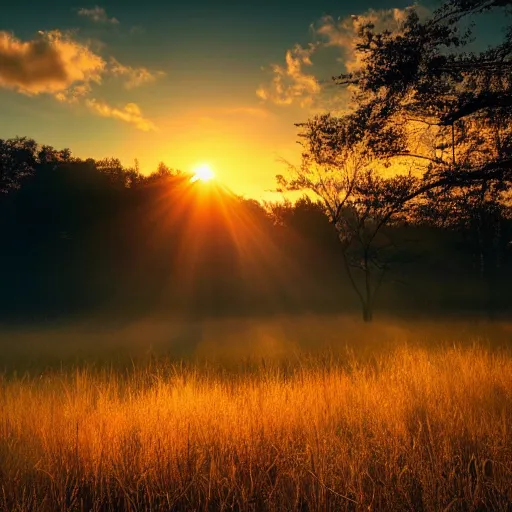 Prompt: morning dawn, the sun rose above the earth, the forest is golden, filled with morning dawn,