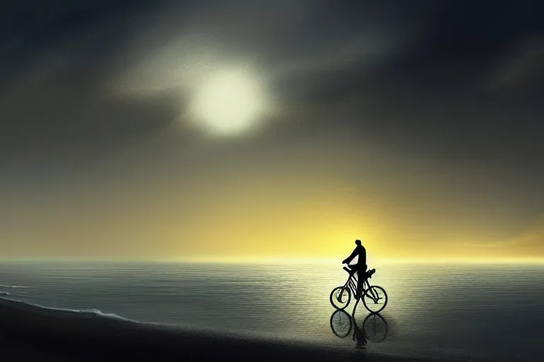 Image similar to photo of man riding a bicycle along the beach that is lit by glowing organisms underwater toward a lighthouse in the distance, silhouette wide horizon, large white clouds, intricate, elegant, highly detailed, digital painting, artstation, concept art, smooth, sharp focus, illustration, art by artgerm and greg rutkowski and fra angelico