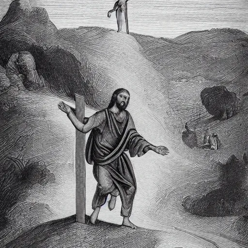 Image similar to pencil illustration of Jesus carrying the cross to the hill, detailed, 8k