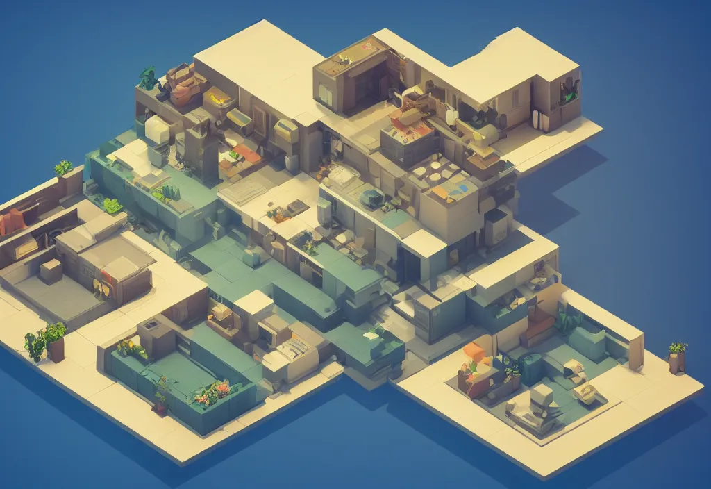 Image similar to isometric magicavoxel modern house, magicavoxel cinematic lighting, 4k