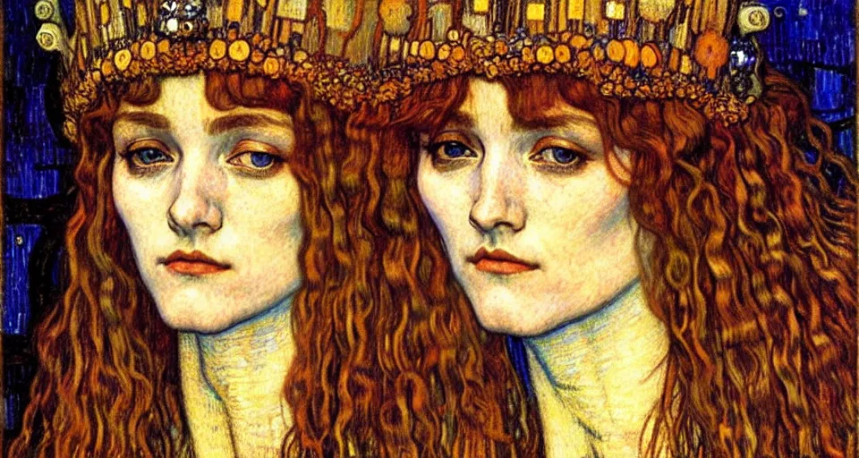 Image similar to detailed realistic beautiful young medieval queen face portrait by jean delville, gustav klimt and vincent van gogh, art nouveau, symbolist, visionary, gothic, pre - raphaelite, muted earthy colors, desaturated