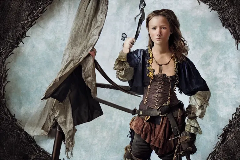 Image similar to a swashbuckling girl pirate portrait in national geographic, her clothing is sheer and futuristic