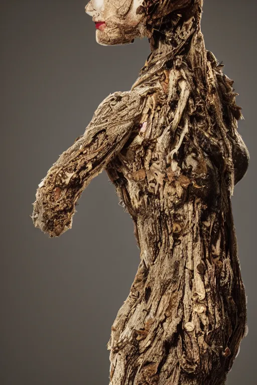 Prompt: A beautiful dress carved out of dead wood with lichen and mushrooms, on a mannequin. High quality, high resolution, studio lighting