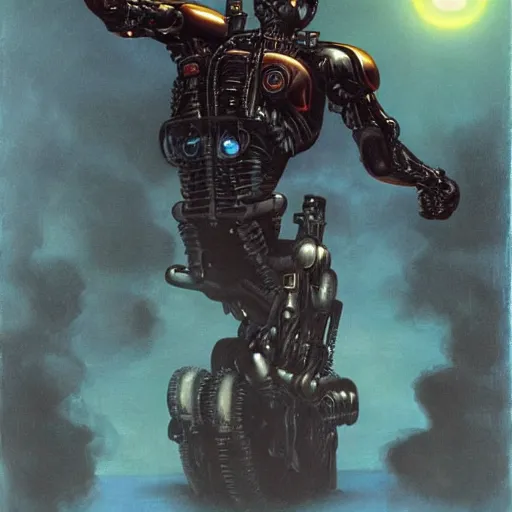 Prompt: The Terminator (1984) by Gerald Brom, glowing eyes