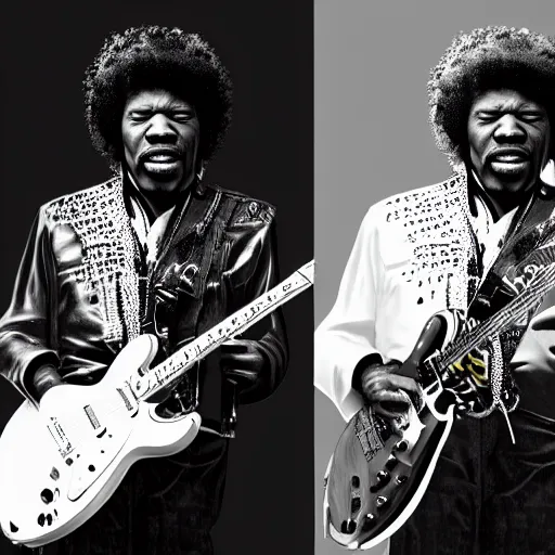 Image similar to photo of jimi hendrix and b. b king, with very highly detailed face, jamming with electric guitars. photorealistic, unreal engine 5, trending on artstation, 4 k, 8 k, uhd, beautiful, dramatic by steve mccurry