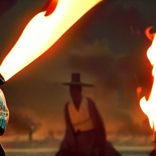 Image similar to cinematic film still Pharrell Williams starring as a Samurai holding fire, Japanese CGI, VFX, 2003, 40mm lens, shallow depth of field,film photography