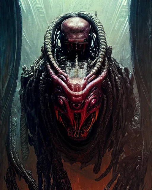 Image similar to a portrait of the predator fantasy character portrait, ultra realistic, cinematic, concept art, wide angle, intricate details, hologram, highly detailed by greg rutkowski, wayne barlowe, aaron horkey, gaston bussiere, craig mullins, simon bisley, arthur rackham