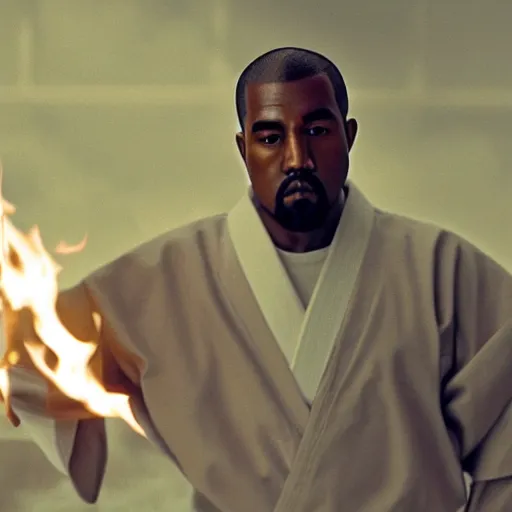 Image similar to cinematic film still of Kanye West starring as a Japanese Sensei with fire, Japanese CGI, VFX, 2003, 40mm lens, shallow depth of field, film photography