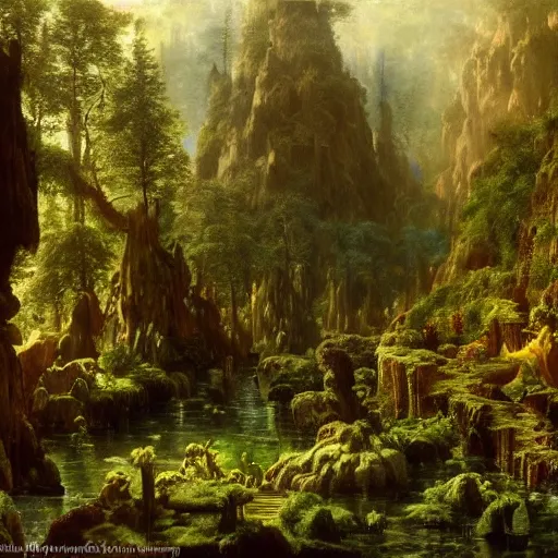 Image similar to a beautiful and highly ocd detailed matte painting of a magical garden of delights in a mystical forest in a dream like valley deep in the magical mountains of avalon, intricate details, epic scale, insanely complex, 8 k, sharp focus, hyperrealism, very realistic, by caspar friedrich, albert bierstadt, james gurney, brian froud,