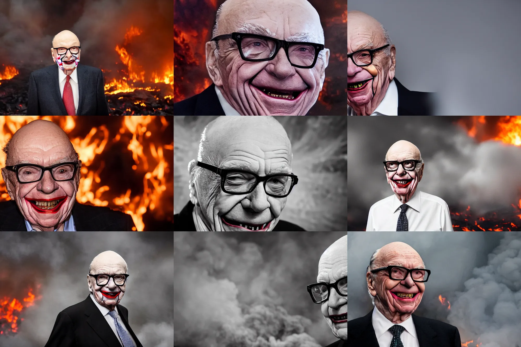 Prompt: Rupert Murdoch wearing glasses and makeup like The Joker, laughing as the world behind him burns, standing in hell surrounded by fire and flames and lava and brimstone, volumetric fog, portrait photography, depth of field, bokeh