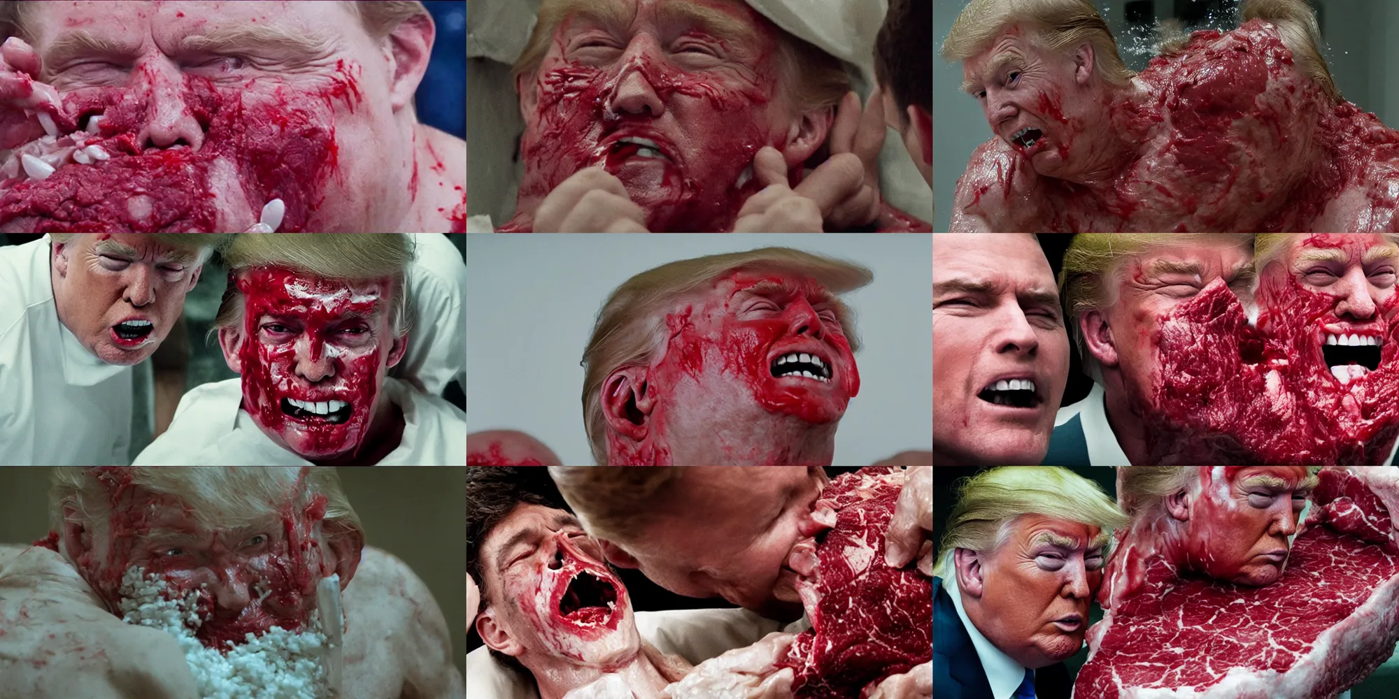 Prompt: trump gets his teeth extracted torture scene blood and bone wet shredded red meat movie still, film grain