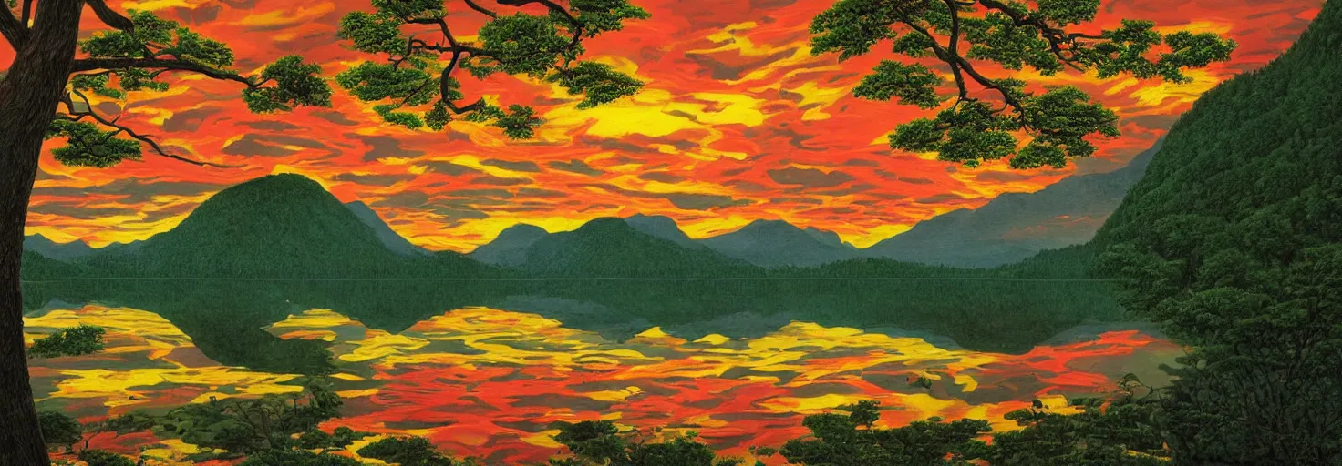 Prompt: escher painting of a lake, big trees reflecting on lake surface, mountains at background, fluffy clouds, sunset, yellow, green, red, snowy, ultra sharp, ultra detailed, cyberpunk, happy, uplifting, colorized by salvador