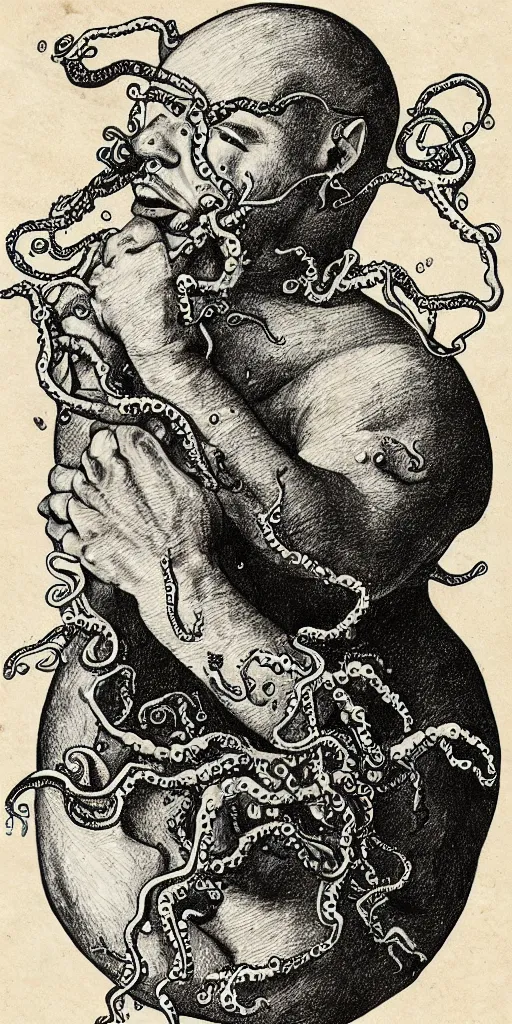 Prompt: high detailed drawing a man with the head of a broken egg, with arms of tentacles. He has a knife in his hand and splatters micro droplets