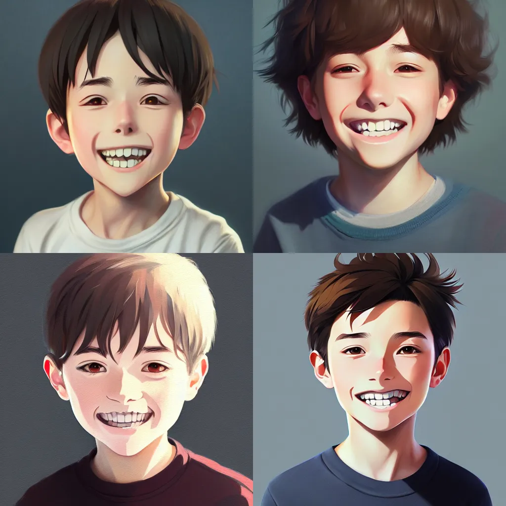 Prompt: portrait of young boy smiling, artstation, elegant, highly detailed, digital painting, concept art, smooth, sharp focus, illustration, art by studio ghibli 8 k