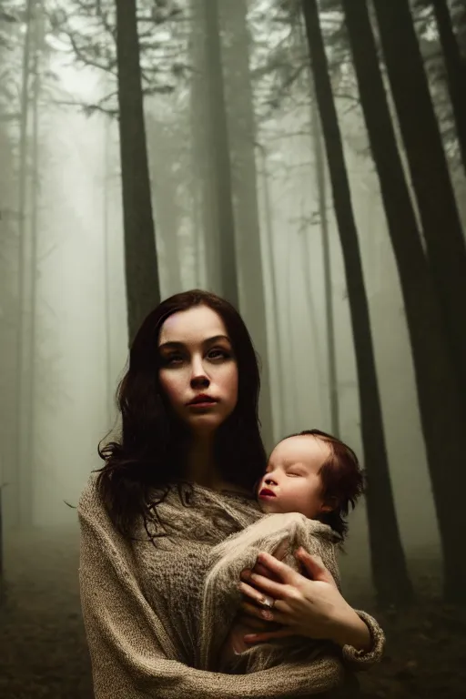 Image similar to a cinematic photo of a young woman with dark hair holds a baby in a dark, foggy forest, closeup, masterpiece