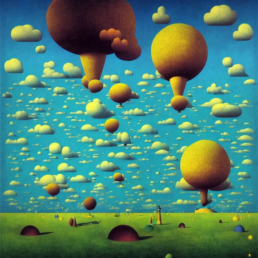 Prompt: surreal glimpse into other universe, airship floating, sky island, summer morning, very coherent and colorful high contrast, art by! gediminas pranckevicius, rene magritte! paul klee geof darrow, volumetric lighting, cinematic, floralpunk screen printing woodblock, dark shadows, hard lighting, stipple brush