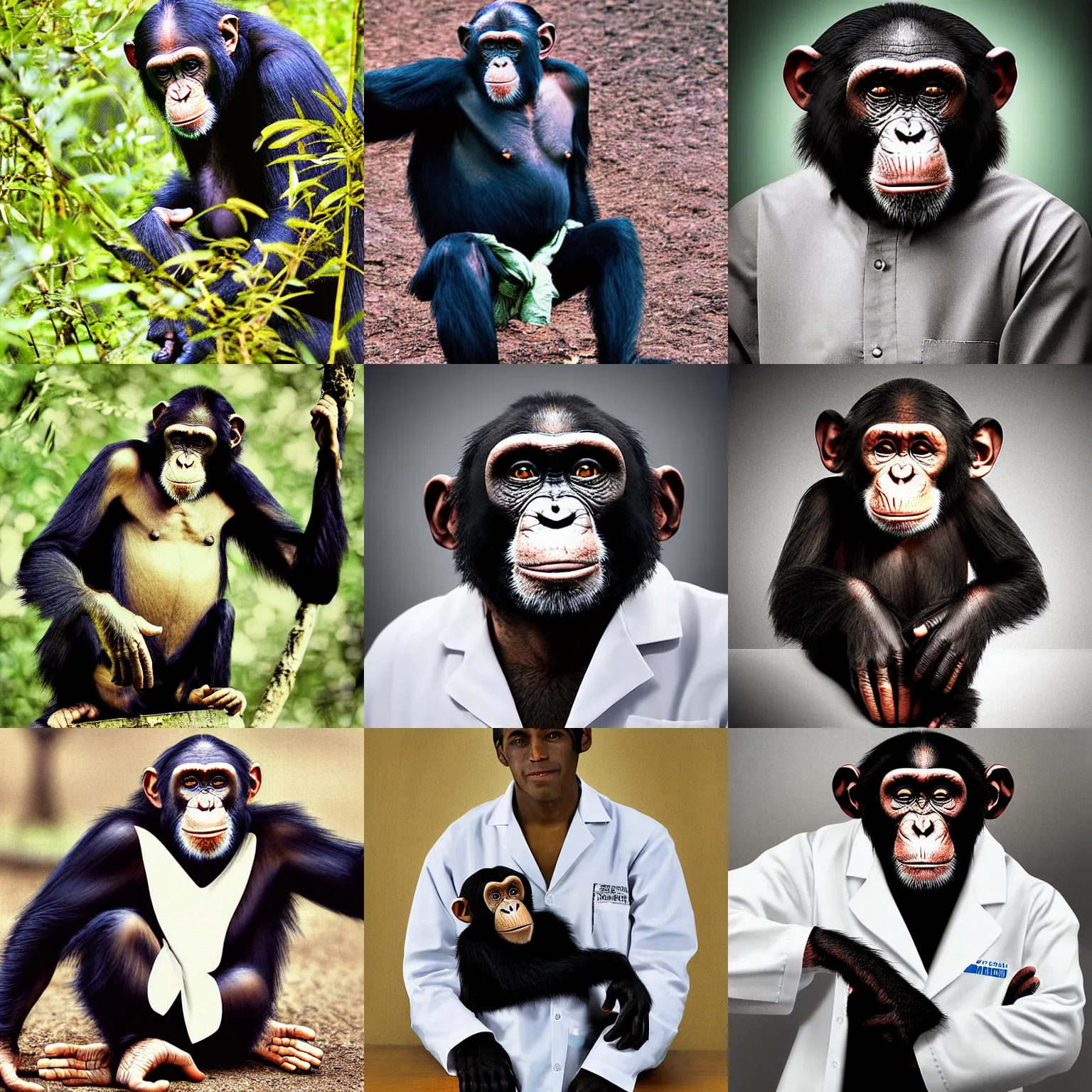 Prompt: chimpanzee!!!!!! scientist lab-coat photograph