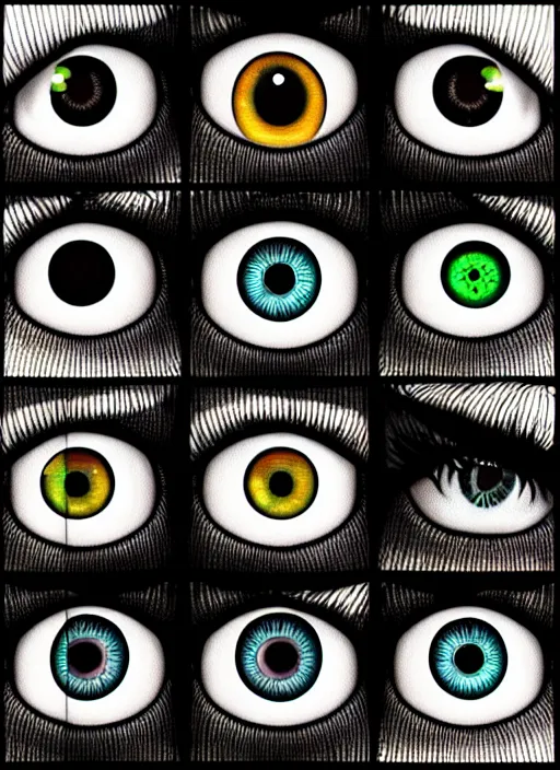 Prompt: grid montage of cube shaped eyes, square shaped black dilated pupils, cube shaped irises, detailed colored textures, square eyelashes, advanced art, art styles mix, from wikipedia, wet reflections in square eyes, sunshine light, hd macro photograph, from side, various eyelid positions, square black pupil centered