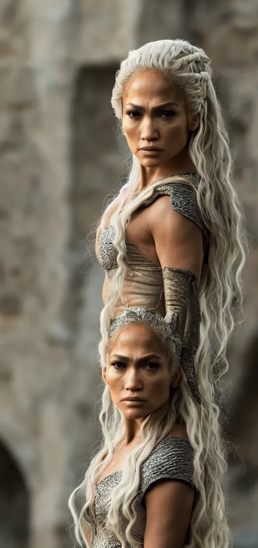 Prompt: Jennifer Lopez as Daenerys Targaryen, XF IQ4, 150MP, 50mm, F1.4, ISO 200, 1/160s, natural light