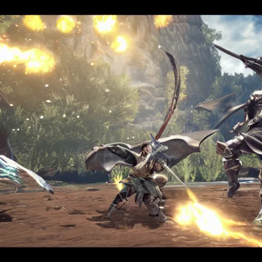 Image similar to monster hunter world gameplay in the style of shindol