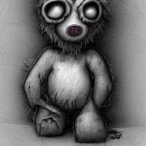 Image similar to grunge drawing of a cute teddy bear by - michael karcz , in the style of corpse bride, loony toons style, horror themed, detailed, elegant, intricate