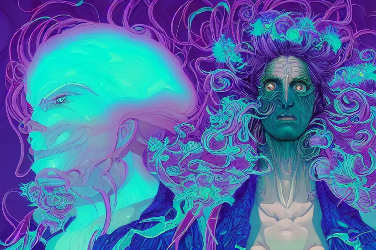 Image similar to cell shaded, a vaporwave ombre biomechanical druid of creativity, flowing hair, beautiful character fashion design, by josan gonzalez, shag, nagel, and paul lehr and david heskin and seb mckinnon and jared s. merantz and alex grey, hi - fructose, 8 k, digital matte painting