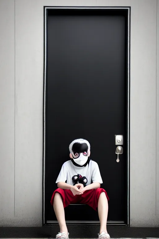 Prompt: boy with tomodachi mask sittin alone near black door. octopus, photorealistic, smooth, 4 k, aesthetic lighting, baroque object, hyperdetailed, professional photography, pullitzer winning, photo by : canon eos 5 d mark iv, by karah mew and adnan abidi