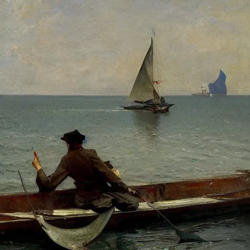 Image similar to a sailor spotting the tip of a shark’s fin over the side of the boat. By Ilya Repin and Geoffroy Thoorens.