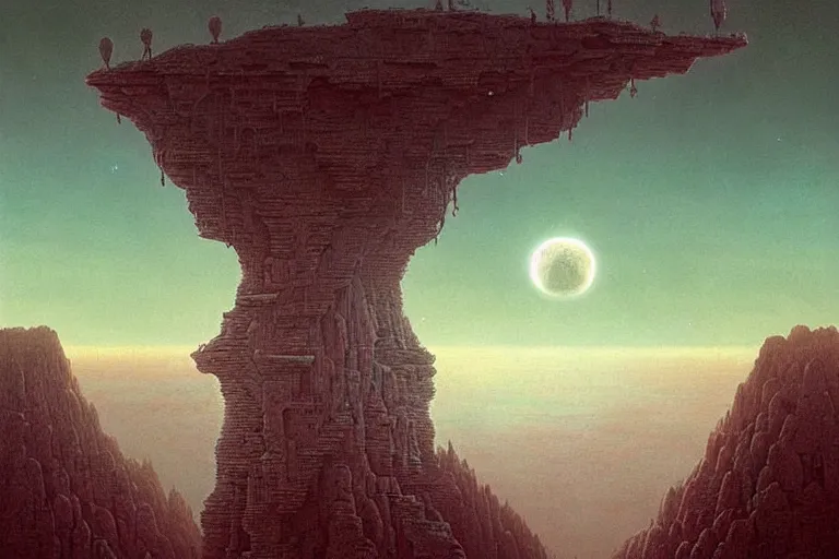 Image similar to a surreal and awe - inspiring science fiction landscape, skull moon in the sky looks like a skull, intricate, elegant, highly detailed matte painting by beksinski and simon stalenhag